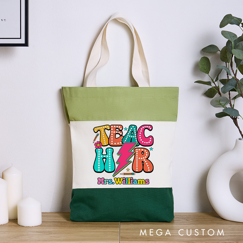 Personalized Teacher Tri Color Canvas Tote Bag Teacher in Large Bold and Colorful Design Appreciation Gift for Teachers