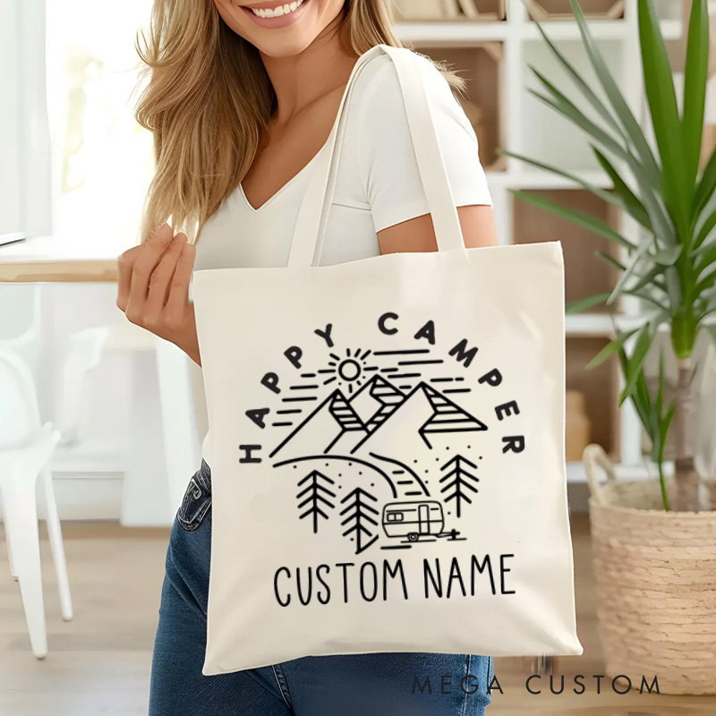 Personalized Happy Camper Tote Bag Outdoor Adventure Lover Bag Gift for Hiking Traveling 