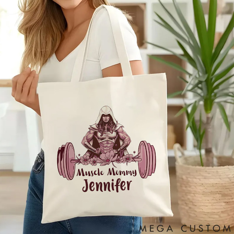 Personalized Gym Tote Bag with Muscle Mommy Empowering Weightlifting Design for Fitness Enthusiasts Bodybuilders and Gym Lovers