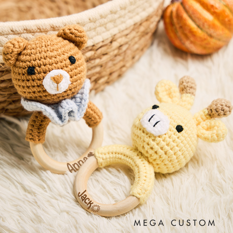 Personalized Engraved Animal Crochet Baby Rattle New Baby Girl Boy Gift Nursery Gift