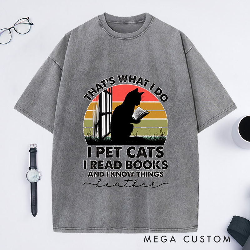 Personalized Cat and Book Washed T-Shirts Book Lover Shirt Cat Book Shirt Cat Lover Shirt Reading Shirts Bookworm Gifts