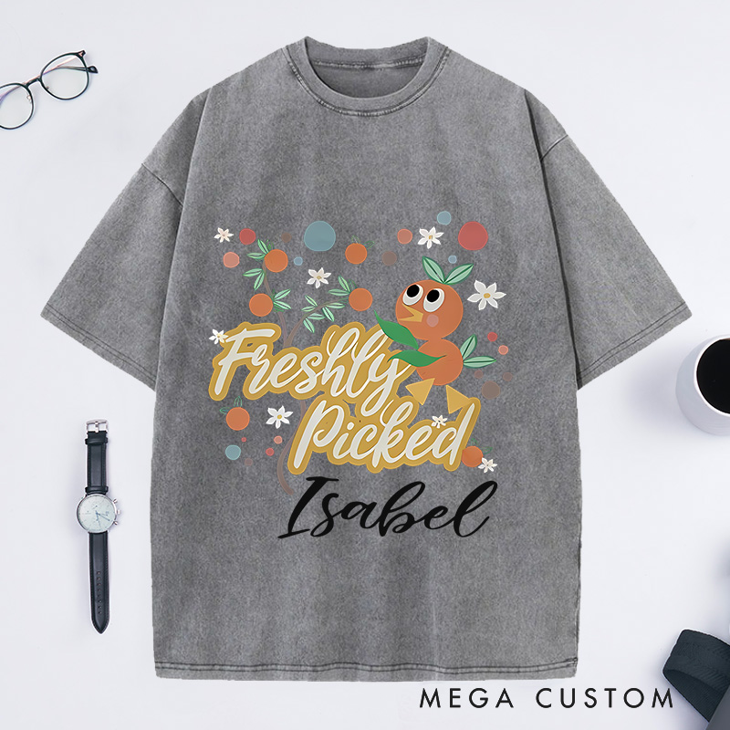 Personalized Orange Bird Washed T-Shirts Freshly Picked Oranges for Flower and Garden