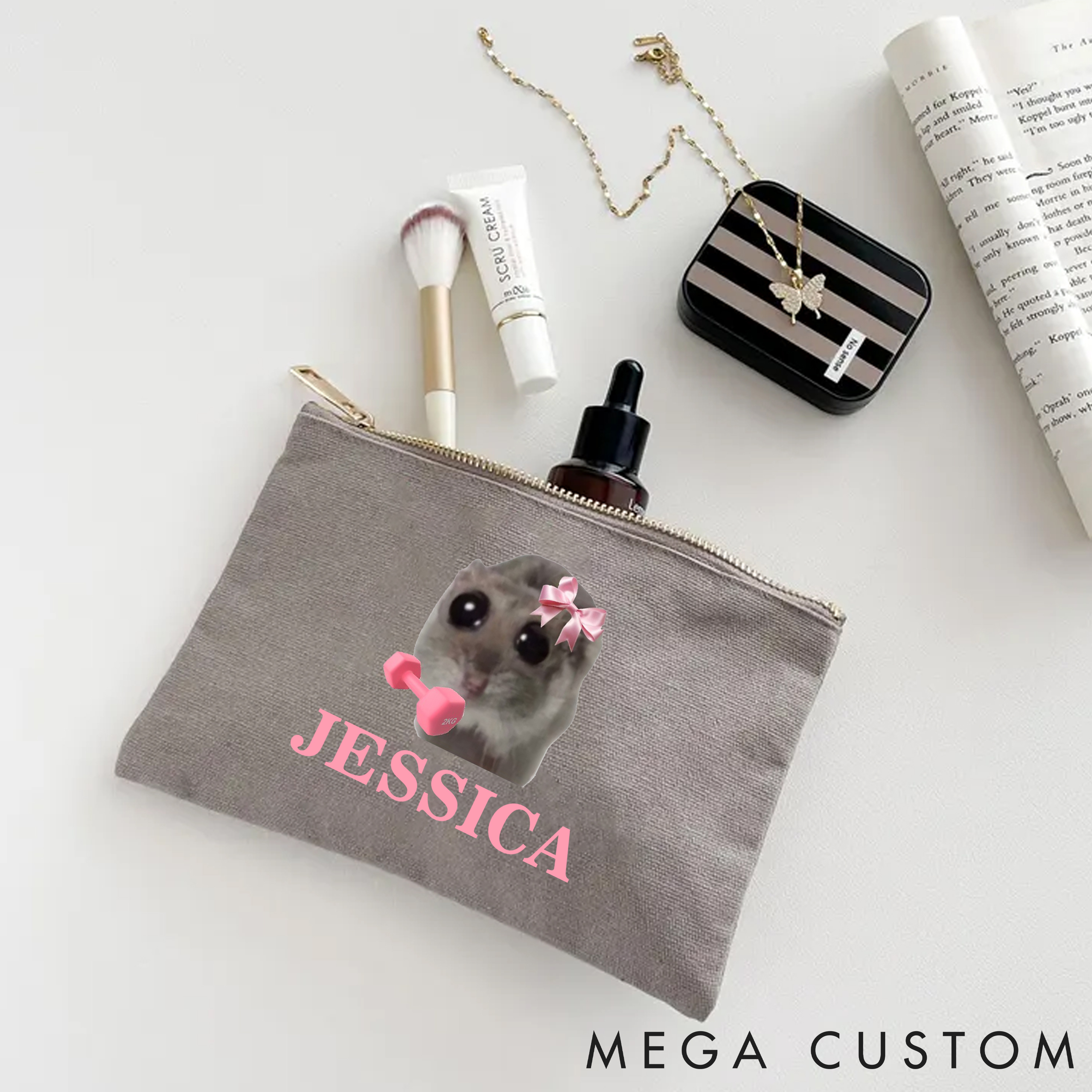 Personalized Adorable Makeup Bag with Cute Hamster with Bow for Fitness Enthusiasts Bodybuilders and Gym Lovers