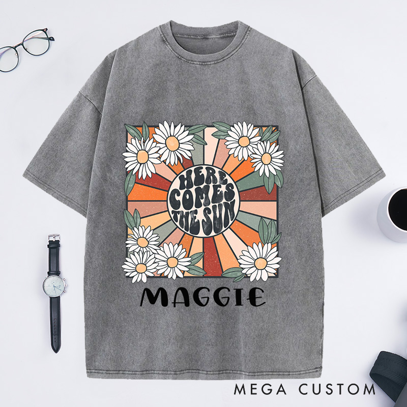Personalized Here Comes the Sun Washed T-Shirts for Women Travel Beach Vacation Shirt Sunshine Shirt Beatles Retro Shirt Motivational Shirt Gift for Her