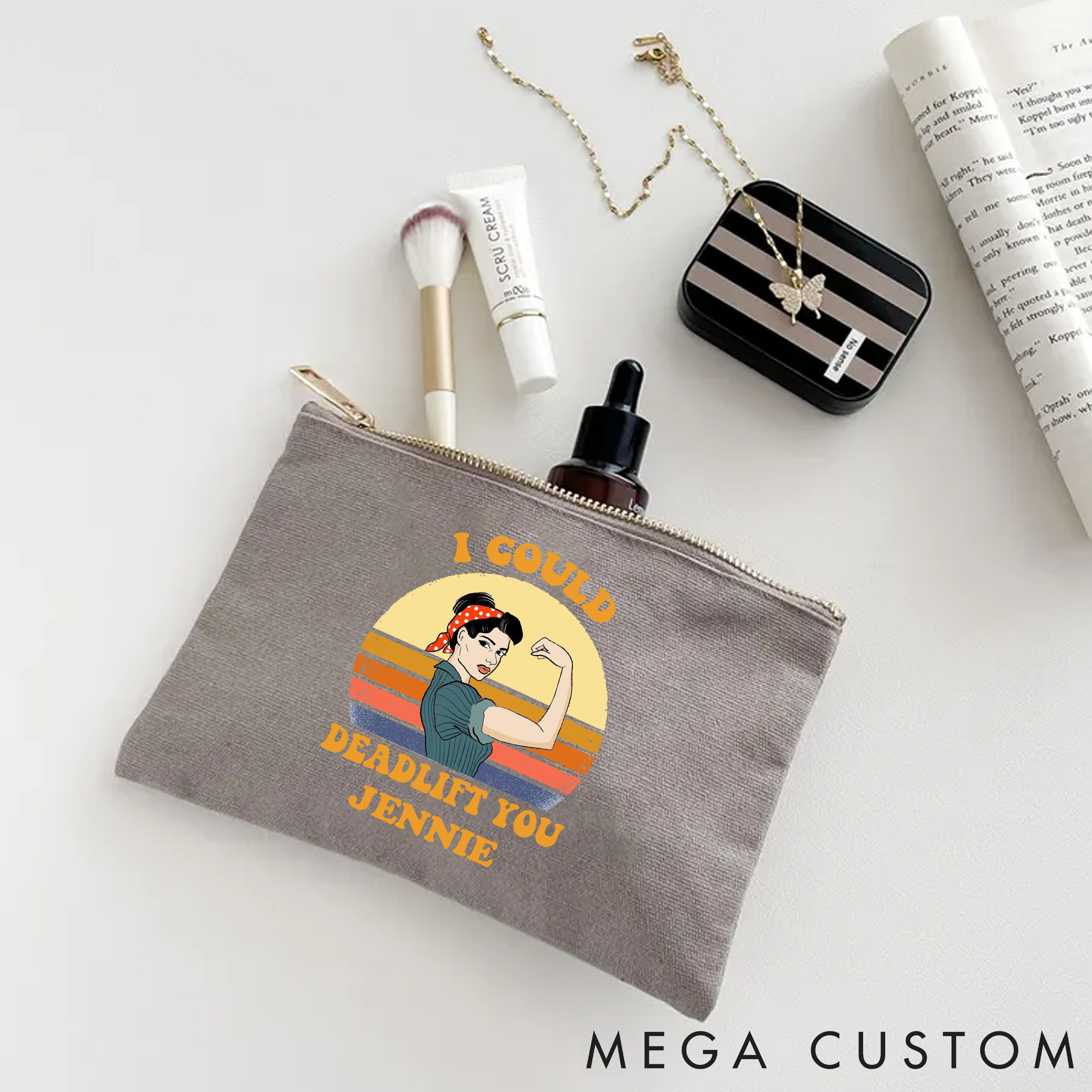 Personalized Zipper Makeup Bag with Empowering Deadlift Theme for Fitness Enthusiasts Bodybuilders and Gym Lovers