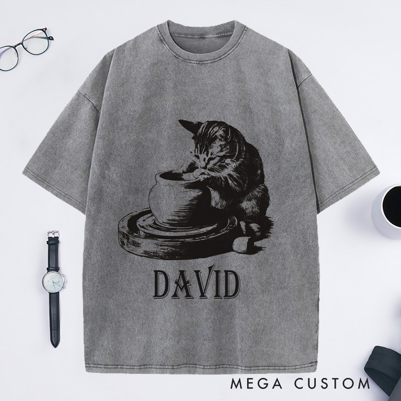 Personalized Cat Pottery Washed T-Shirts Pottery Lover T-Shirt Funny Cat Woman Shirt Weird Animals Shirts Vintage 90s Tattoo Graphic Tee