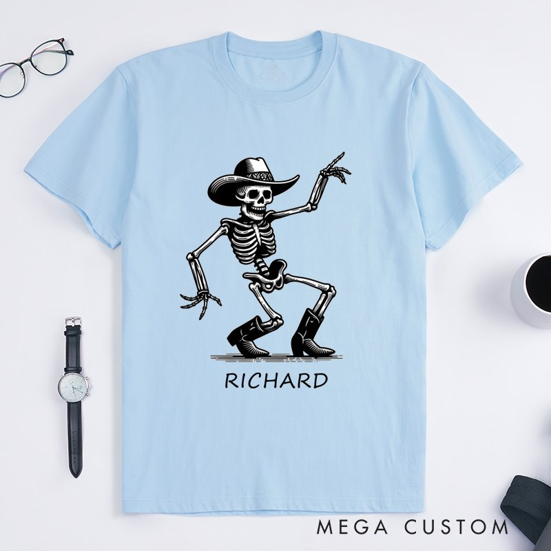 Personalized Dancing Skeleton Cowboy T-Shirts Unique Western Cowboy Skeleton Gift for Men Custom Name Rodeo Skeleton In Hat and Boots Shirt for Dad Husband Friends