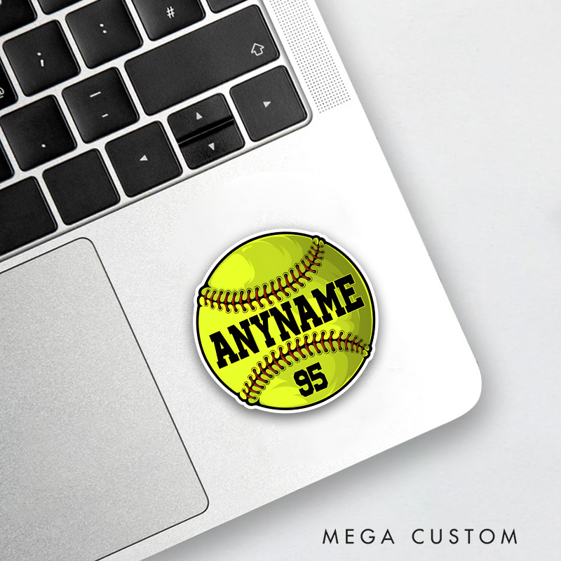Personalized Softball Decal with Bold Custom Name and Number on Bright Yellow Ball Design