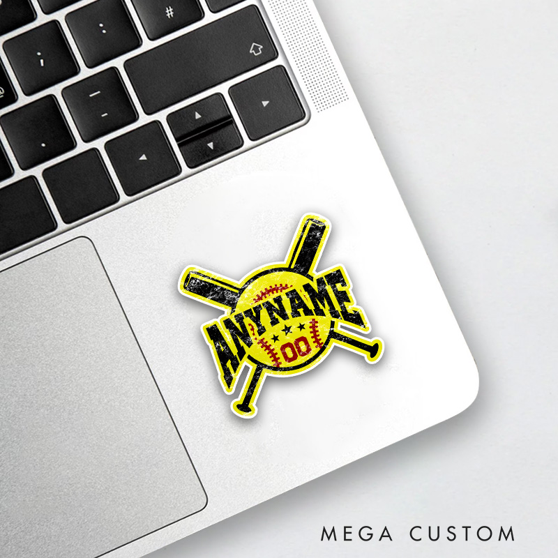 Personalized Softball Decal with Custom Name Number Crossed Bats and Distressed Yellow Ball Design