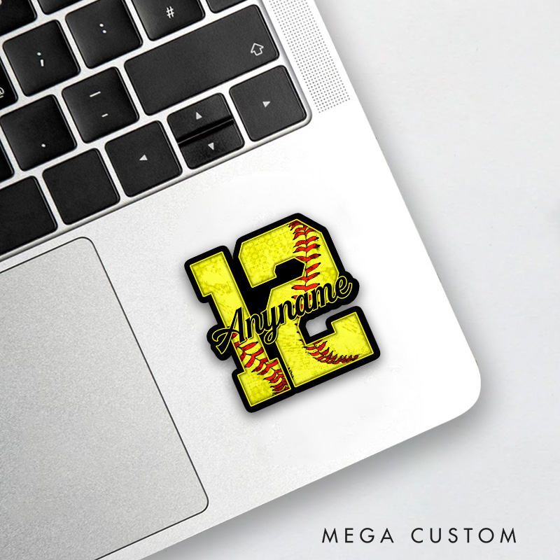 Personalized Softball Decal with Custom Name and Number in Bold Yellow Design Featuring Red Stitching and Textured Background