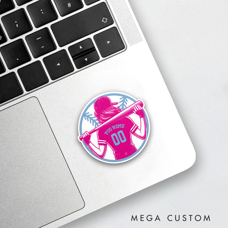 Personalized Softball Decal with Custom Name and Number Featuring a Stylish Female Player Silhouette Holding a Bat in a Bold Pink and Blue Design