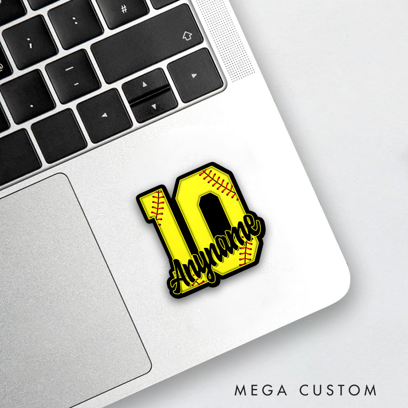 Personalized Softball Decal with Custom Name and Number in Bold Yellow Block Design Featuring Red Stitching and Black Outline