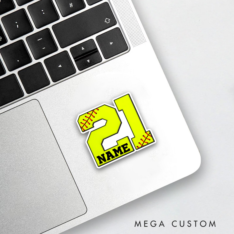 Personalized Softball Decal with Custom Name and Number in Bold Yellow Block Style Featuring Red Stitching Details and Black Accents