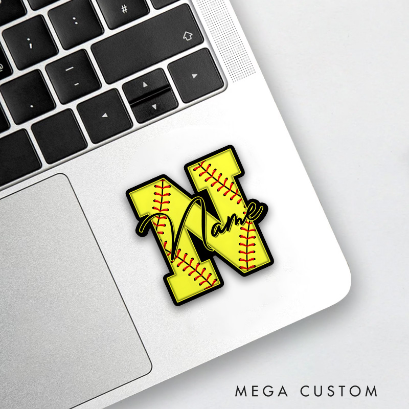 Personalized Softball Decal with Custom Initial and Name in a Bold Yellow Block Design Featuring Red Softball Stitching Black Outline and Stylish Script Font