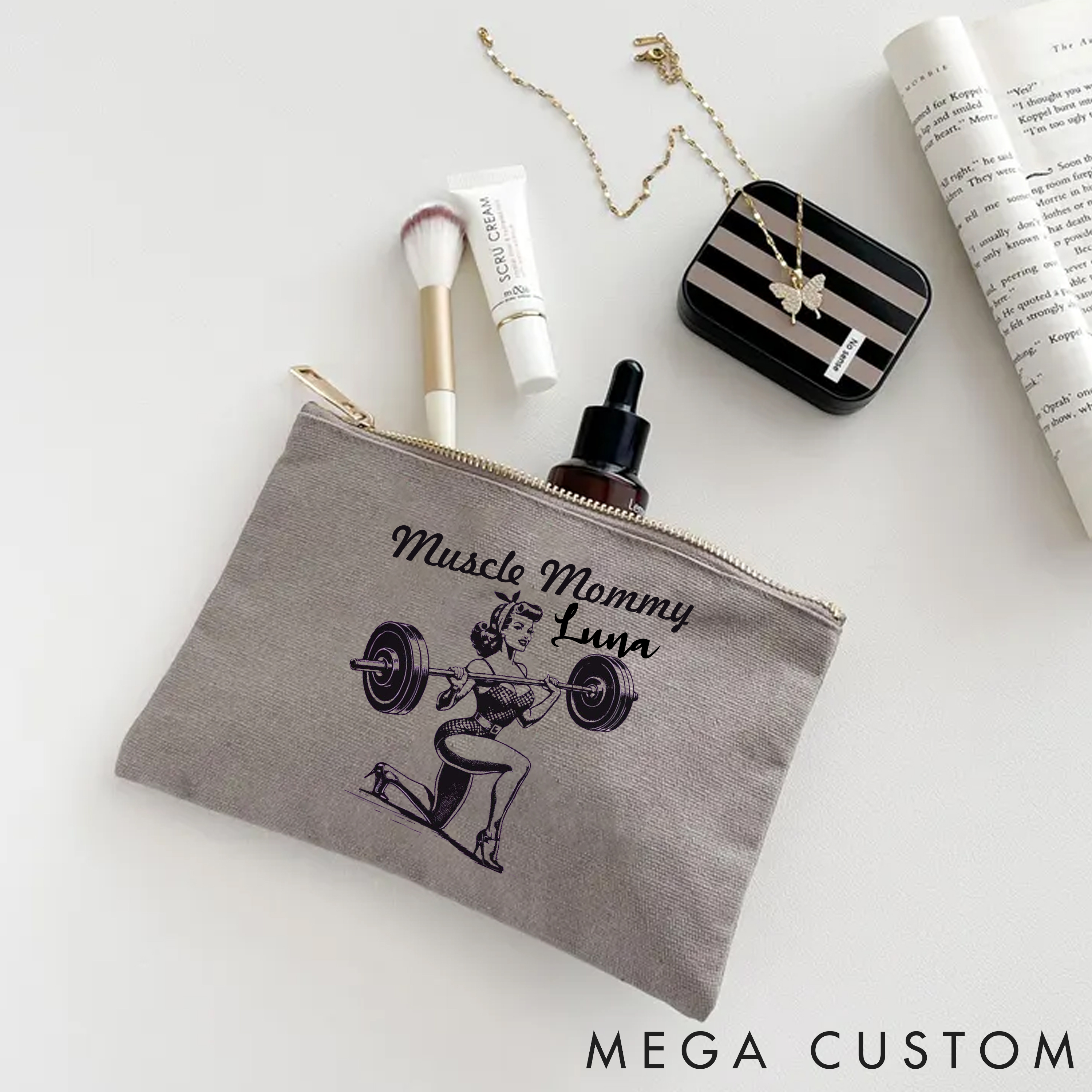 Personalized Zipper Makeup Bag with Muscle Mommy Strong and Elegant Design for Fitness Enthusiasts Bodybuilders and Gym Lovers