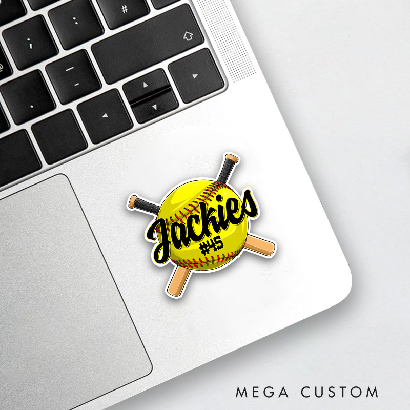 Personalized Softball Decal with Custom Name and Number on a Bright Yellow Softball Design Featuring Red Stitching Crossed Wooden Bats Bold Black Script Lettering and Yellow Highlights