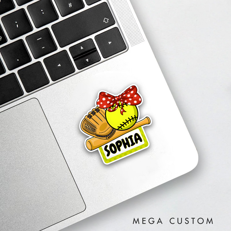Personalized Softball Decal Featuring Custom Name Displayed on a Bright Yellow Checkered Nameplate with a Vibrant Yellow Softball Adorned with a Red Polka Dot Bow Paired with a Softball Glove and Wooden Bat