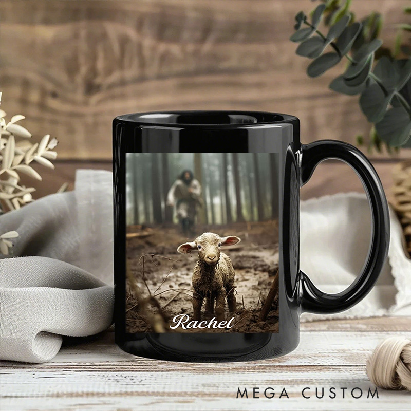 Personalized Jesus Running After a Lost Lamb Ceramic Mug with Name Religious Gift Birthday Gift for Christians