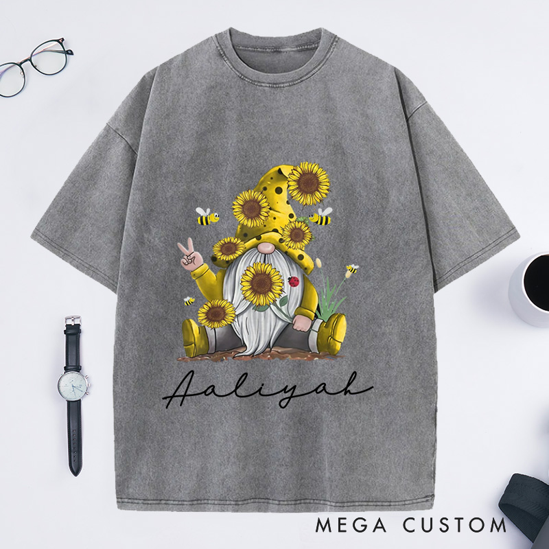Personalized Sunflower Gnome Washed T-Shirts Bee Gnome Shirt Gnome Peace Sign Shirt Funny Gnome Shirt Spring Gnome Tee Cute Bee Gnome Shirt