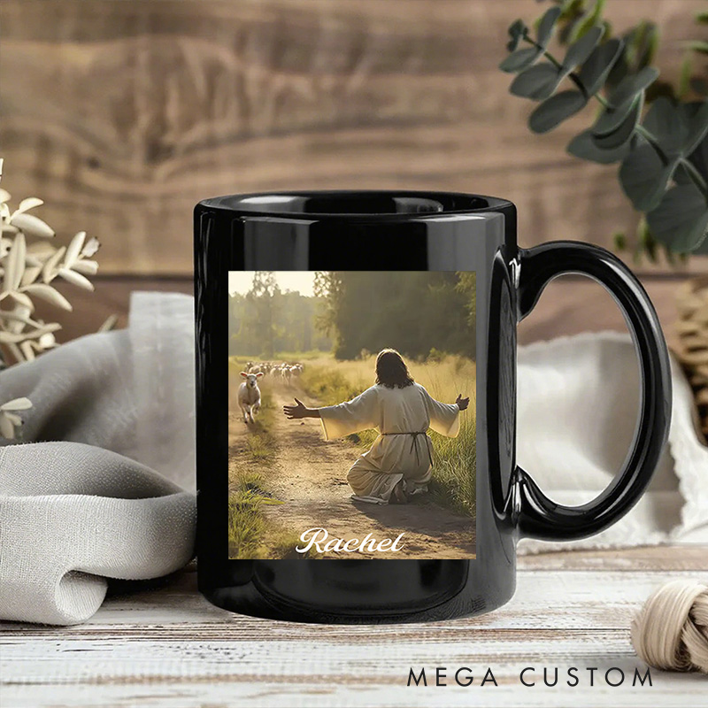 Personalized Lamb Runs to Jesus Ceramic Mug with Name Religious Gift Birthday Gift for Christians