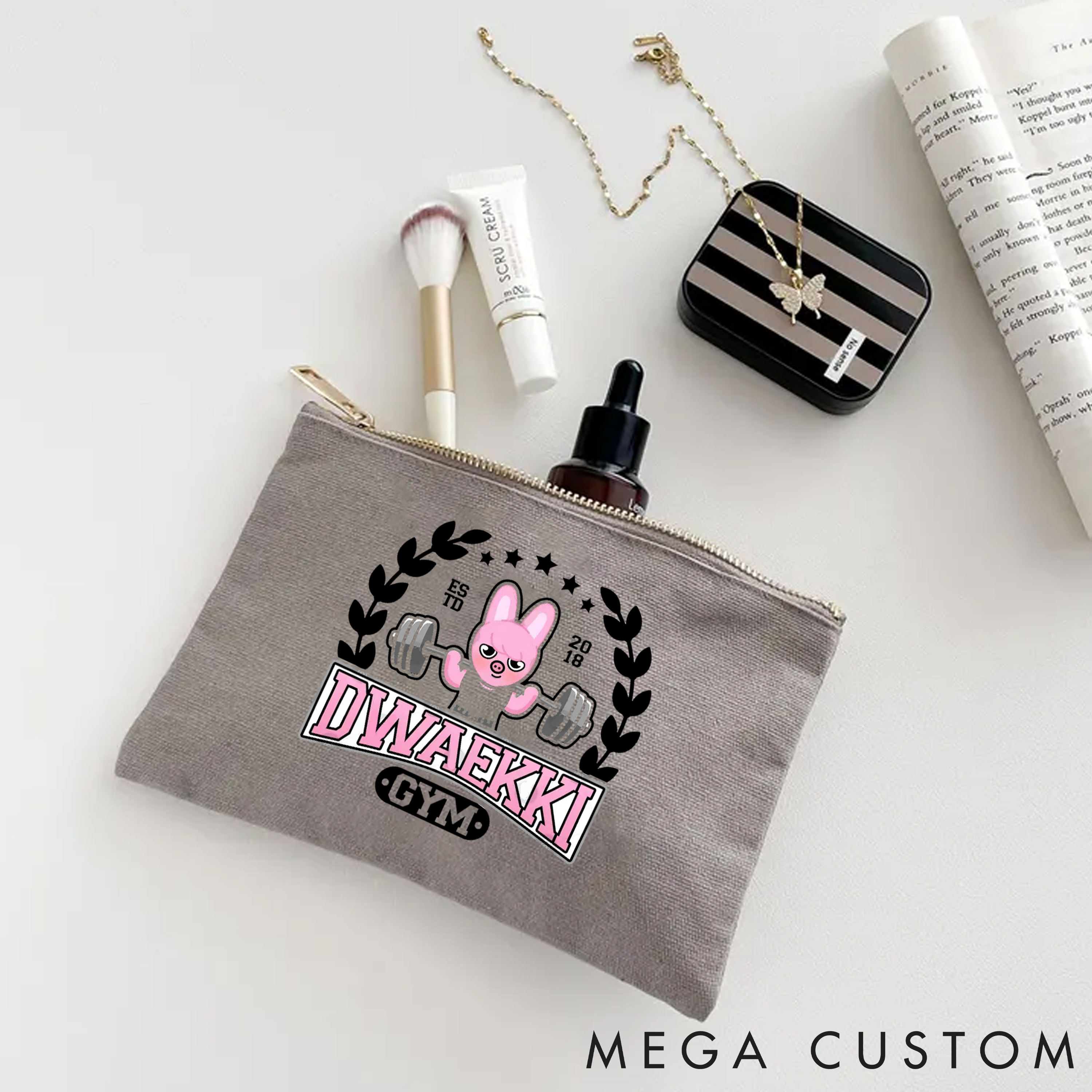 Personalized Zipper Makeup Bag with Adorable Bunny Weightlifting Theme for Fitness Enthusiasts Bodybuilders and Gym Lovers