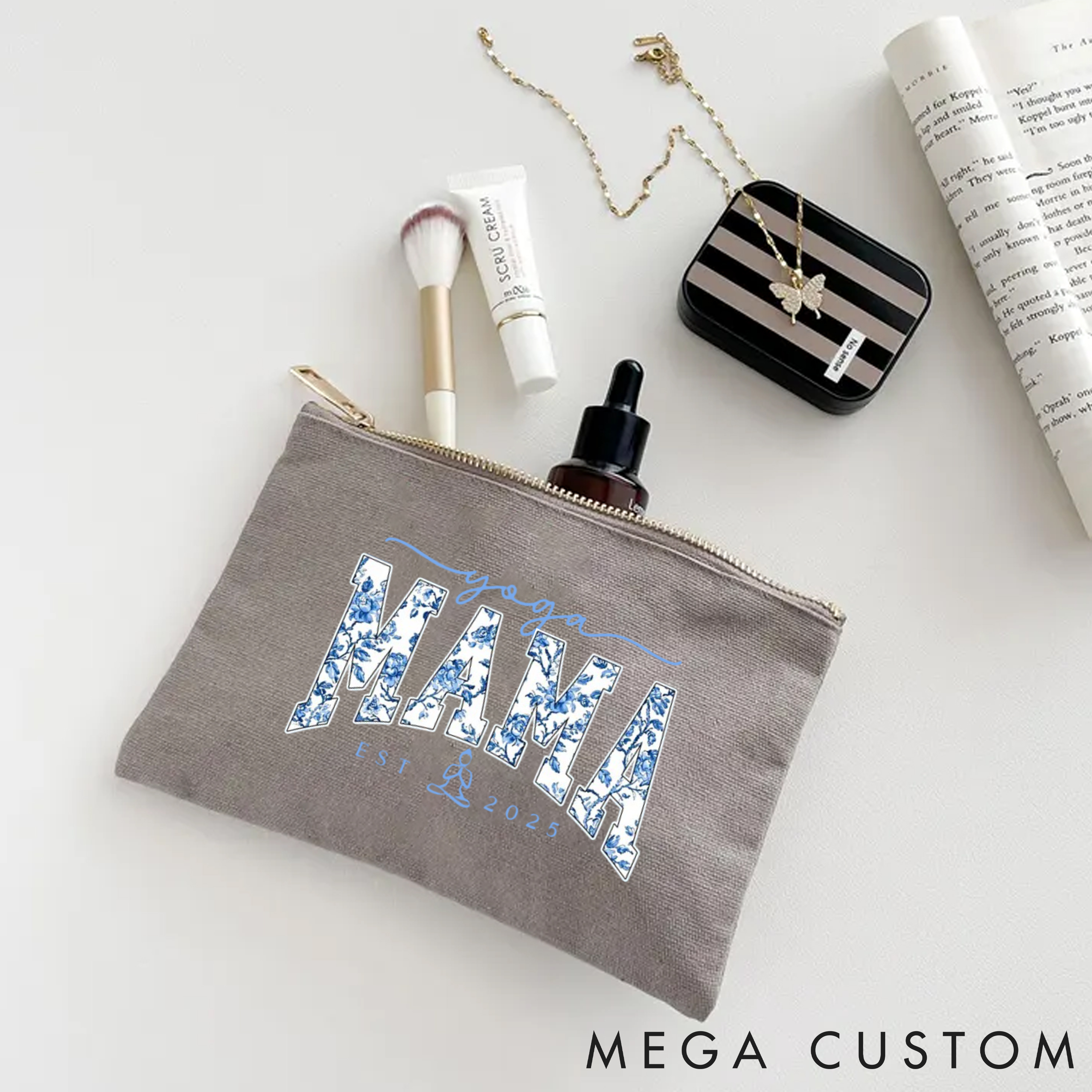 Personalized Yoga Mama Zipper Makeup Bag with Floral Design Custom Time Yoga Makeup Bag Gift Idea for Yoga Lover