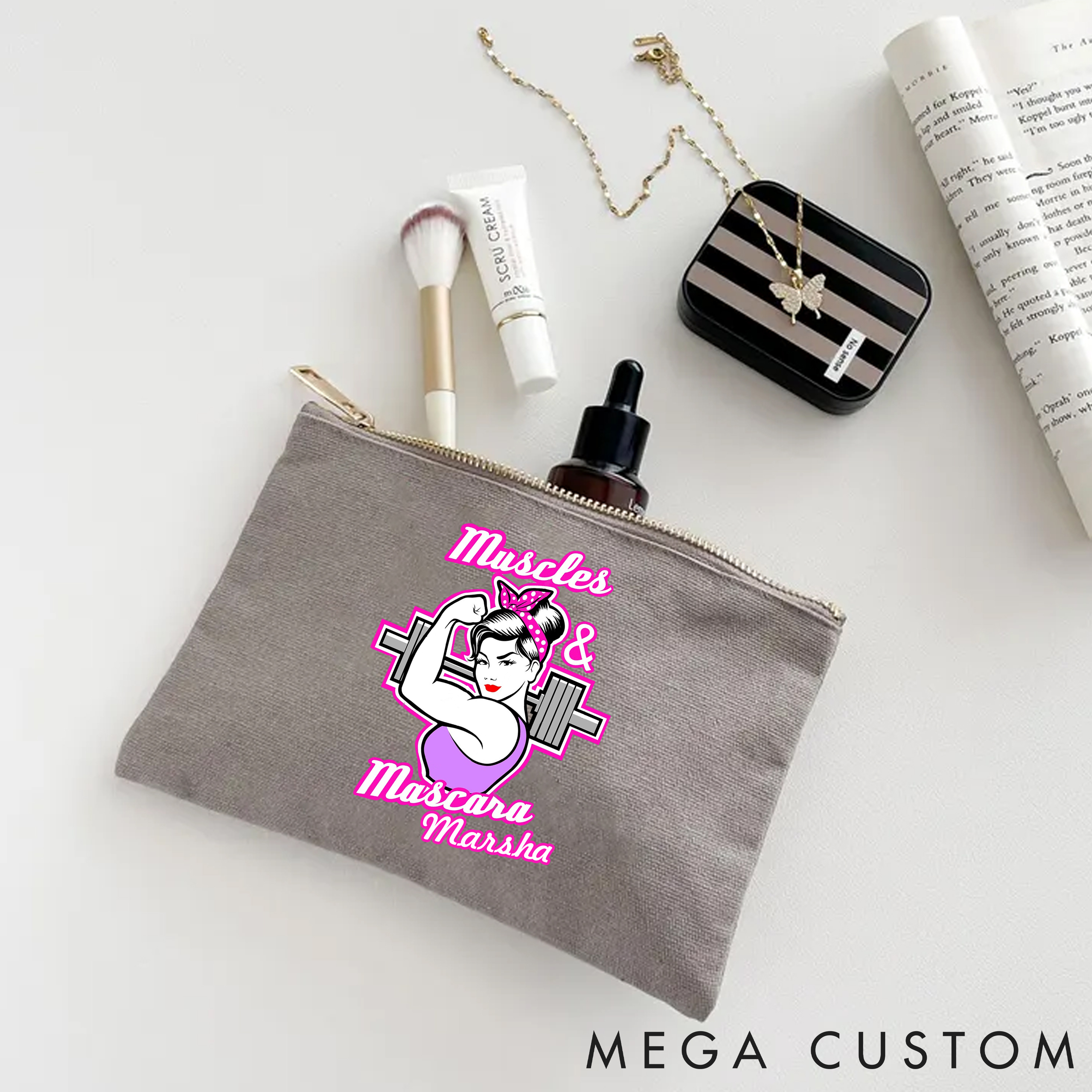 Personalized Zipper Makeup Bag with Feminine and Strong Gym Themed Artwork for Fitness Enthusiasts Bodybuilders and Gym Lovers