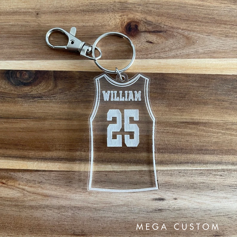Personalized Jersey Keychains with Custom Name and Number Featuring a Sports Jersey Design Perfect for Athletes and Fans