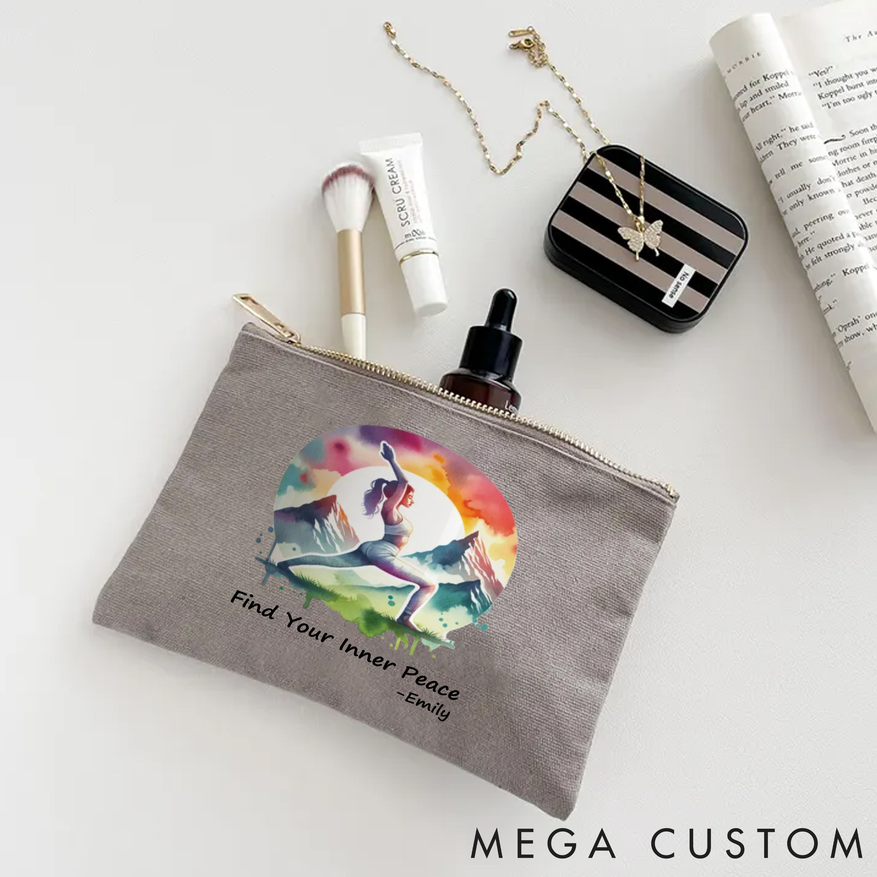 Personalized Zipper Makeup Bag with Inspiring Design Custom Name Yoga Makeup Bag Gift Idea for Yoga Lover