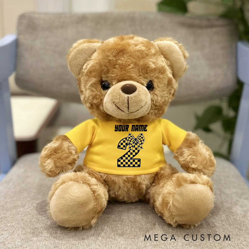 Personalized Racing Brown Bear Plush Toy Custom Birthday Age Gift