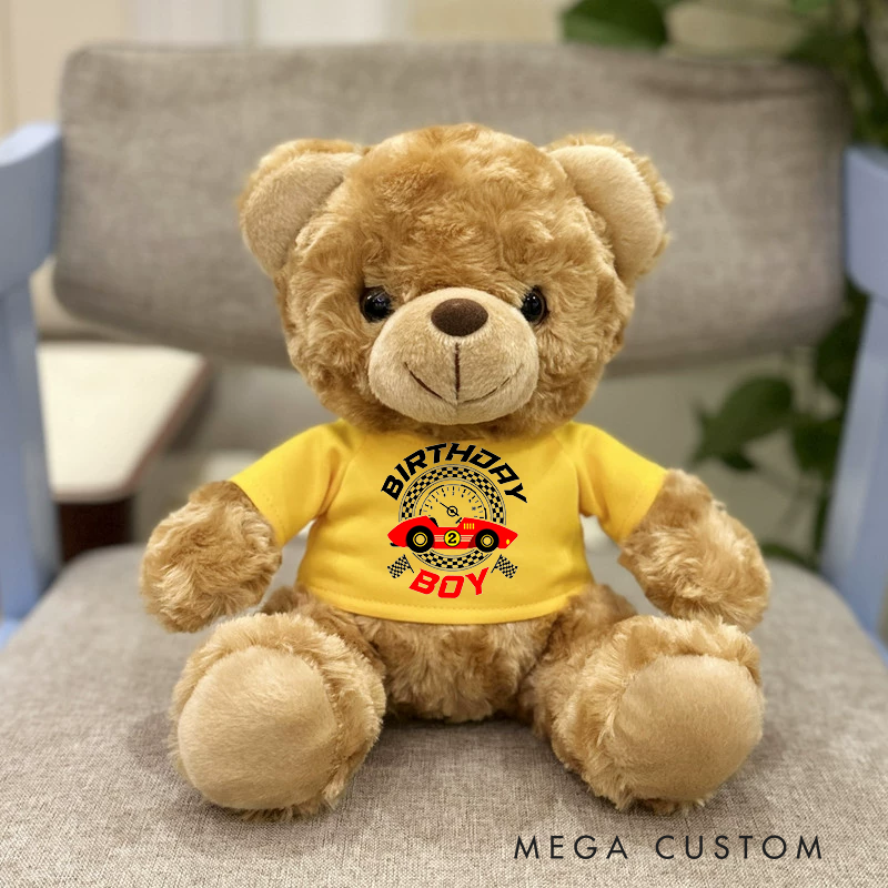Personalized Birthday Boy Brown Bear Plush Toy Custom Racing Age Gift