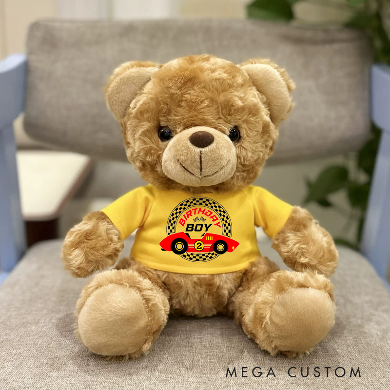 Personalized Birthday Boy Brown Bear Plush Toy Custom Racing Car Age Gift