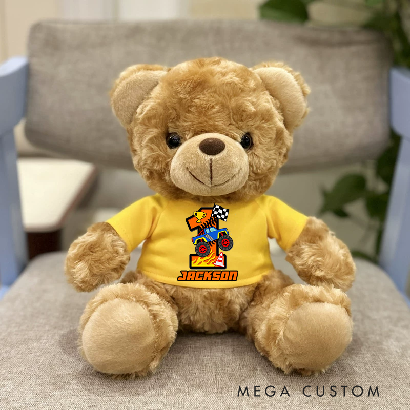 Personalized Monster Truck Brown Bear Plush Toy Custom Name Birthday Gift