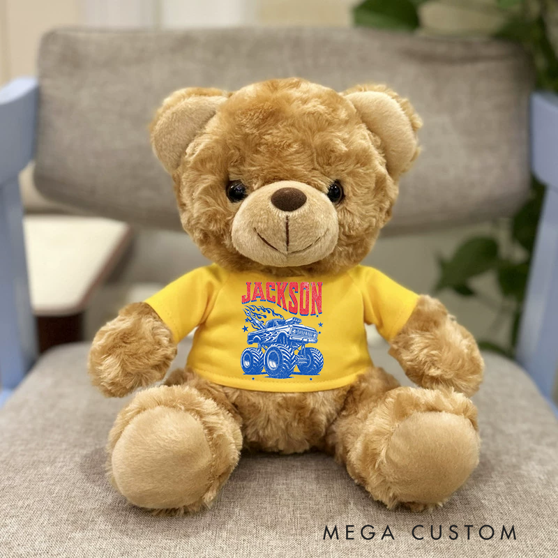 Personalized Monster Truck Brown Bear Plush Toy Custom Name Gift