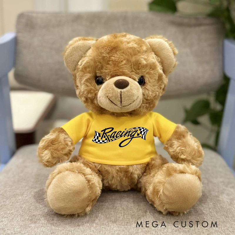 Personalized Racing Brown Bear Plush Toy Custom Checkered Flag Gift