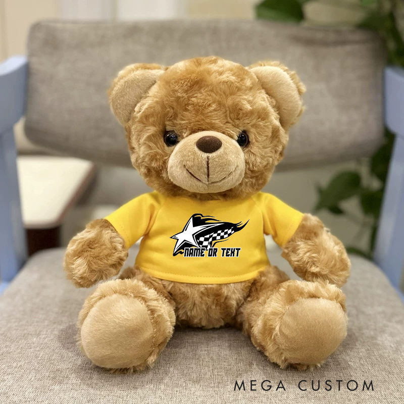Personalized Racing Star Brown Bear Plush Toy Custom Name or Text Gift