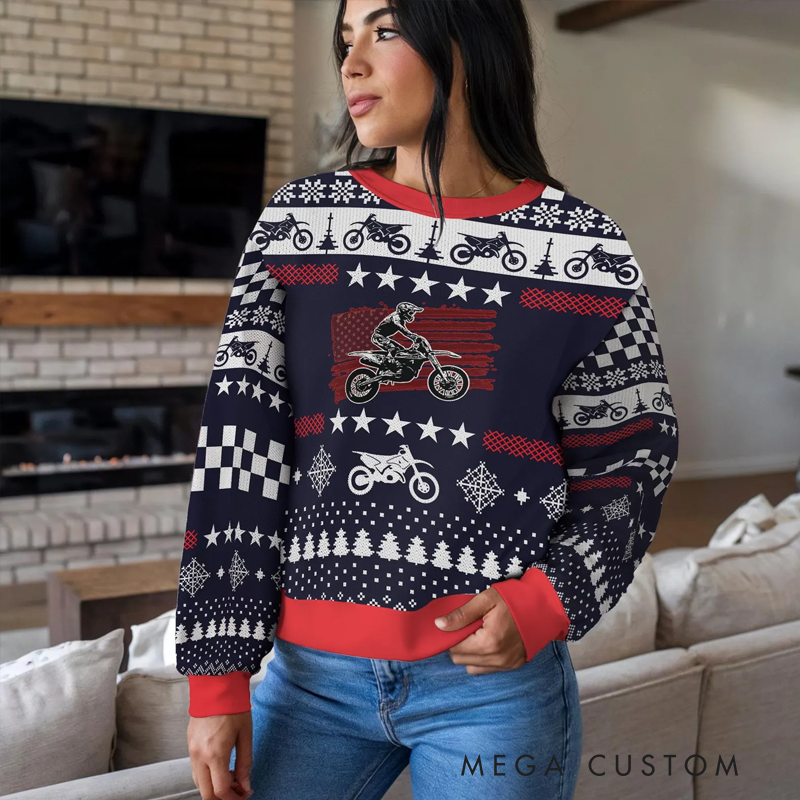 Personalized Motocross Ugly Christmas Sweater with American Flag and Dirt Bike Design Perfect Gift for Bikers