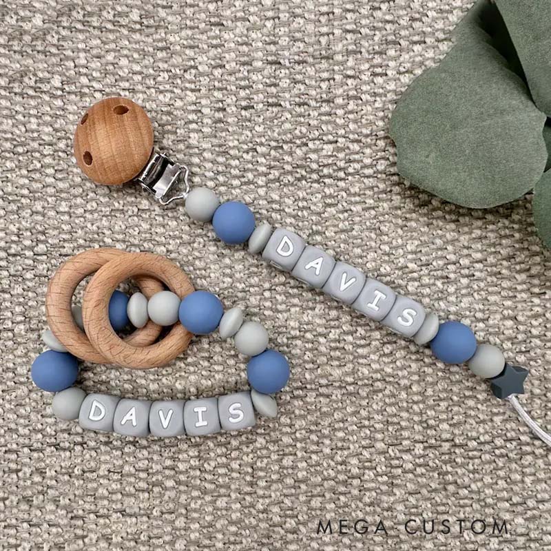 Personalized Baby Name Bead Soother Holders Pacifiers and Clips Gift for New Baby