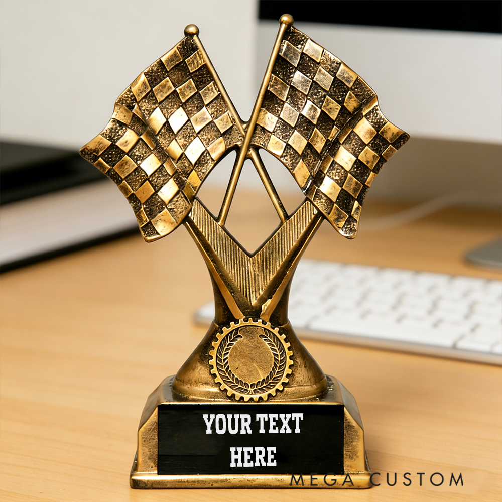Personalized Racing Trophy with Checkered Flags Unique Gift for Motorsport Enthusiasts