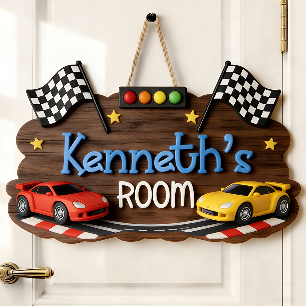 Personalized Racing Themed Door Sign for Kids Custom Room Decor 
