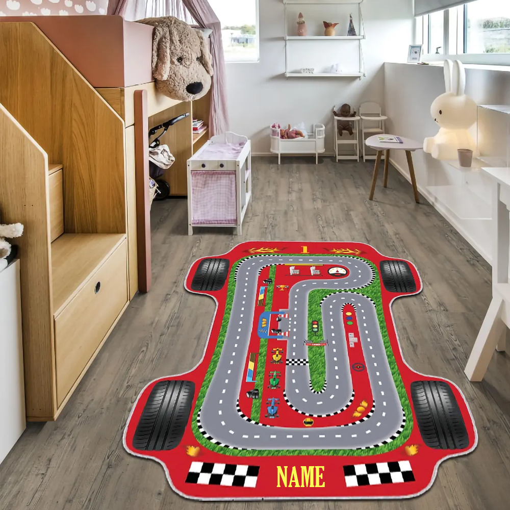 Personalized Race Car Track Plush Rug Soft Play Mat for Kids Car Enthusiasts