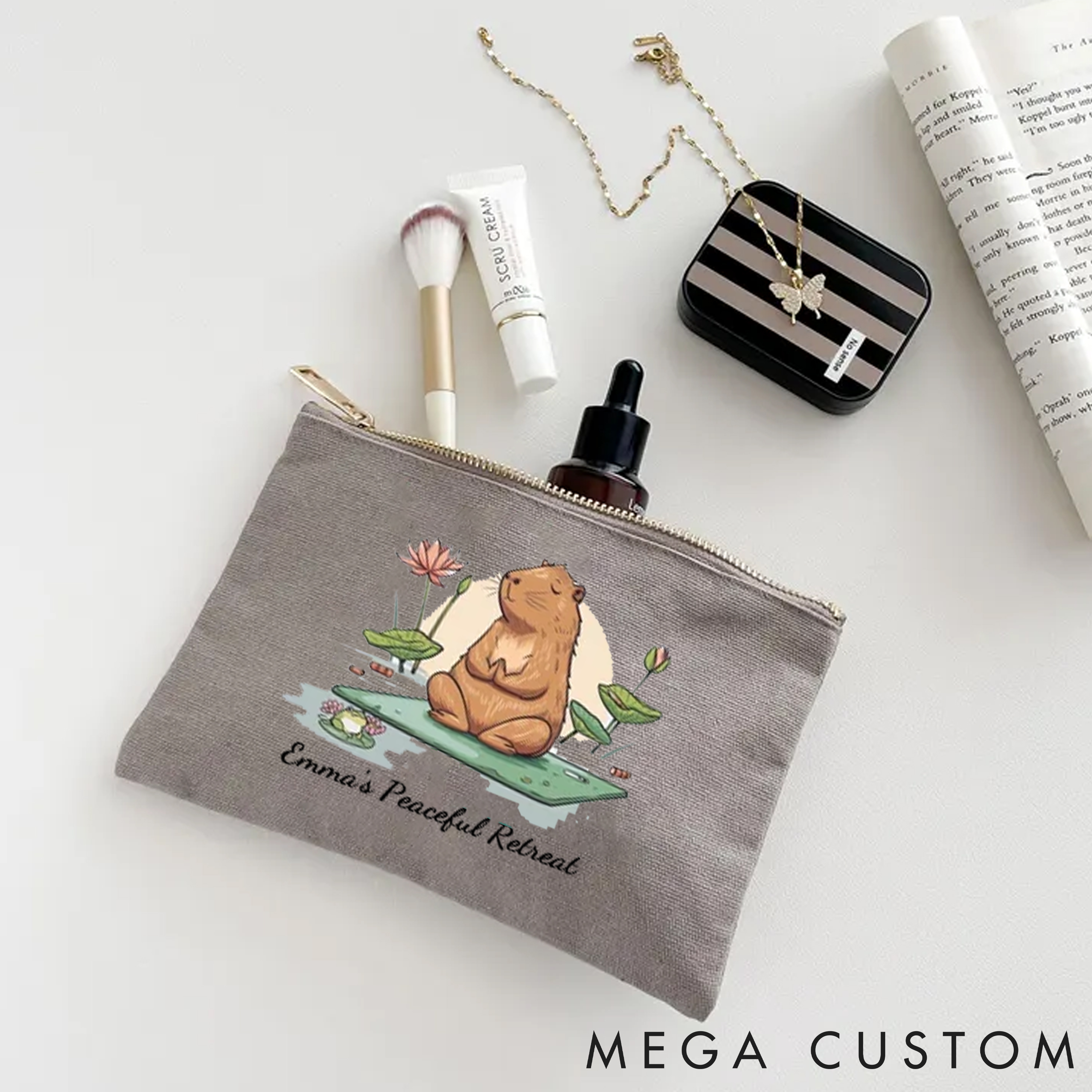 Personalized Zipper Makeup Bag with Peaceful Capybara Design Custom Name Yoga Makeup Bag Gift Idea for Yoga Lover