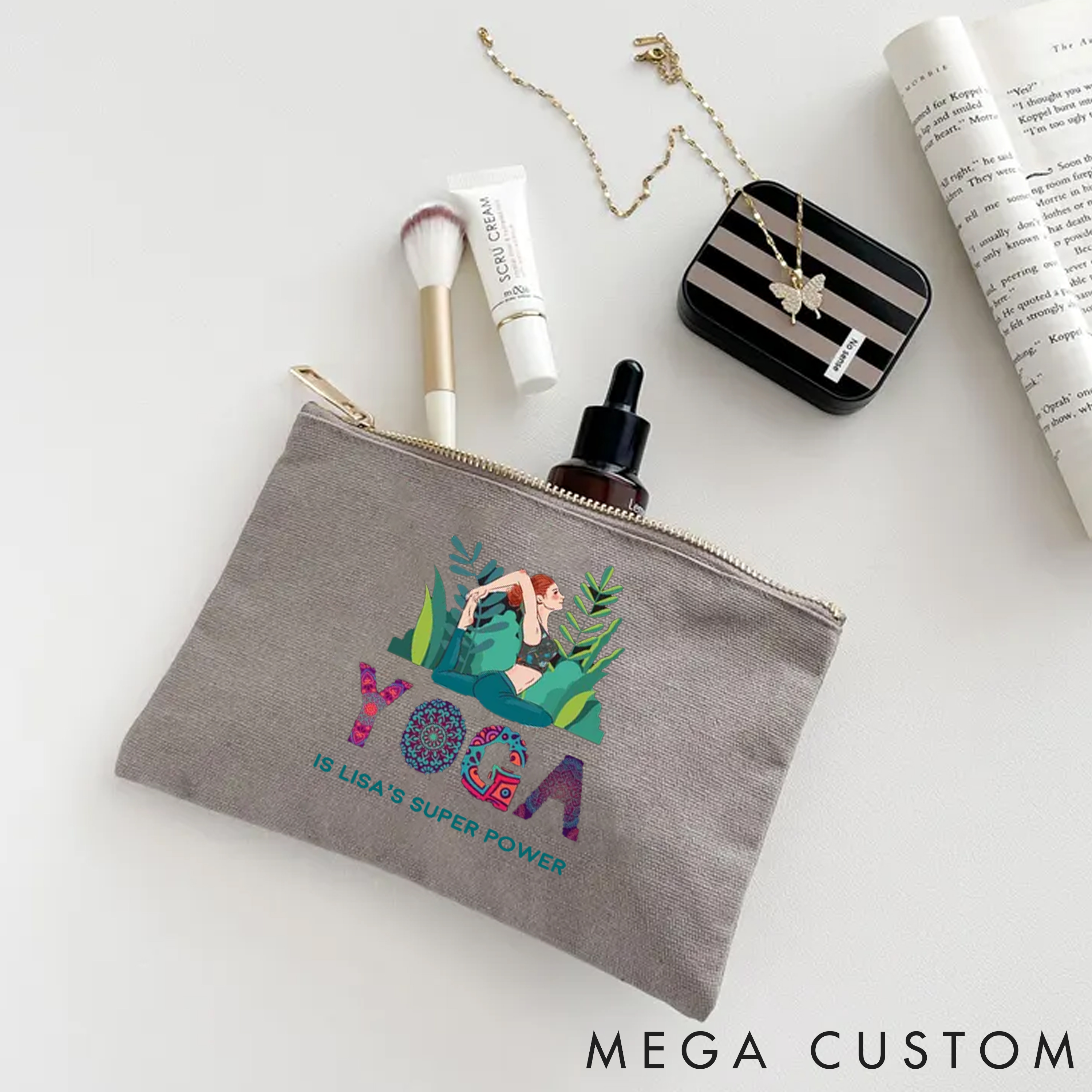 Personalized Yoga Superpower Makeup Bag with Nature-Inspired Design Custom Name Yoga Makeup Bag Gift Idea for Yoga Lover