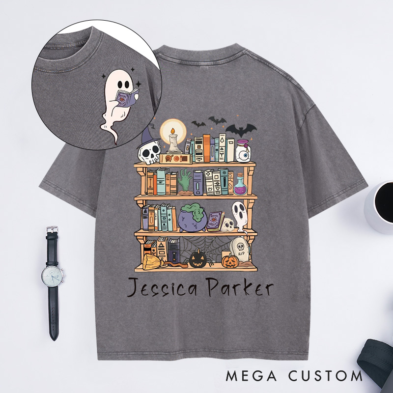 Personalized Ghost Book Reader Washed T-Shirts Halloween Library Shirt Halloween Reading Tee Book Lover Gift Skeleton Book Club Reading Shirts