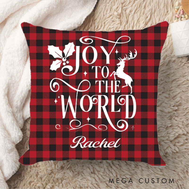 Personalized Red Buffalo Plaid Joy to the World Throw Pillow with Name Religious Home Decor Christmas Gift for Women