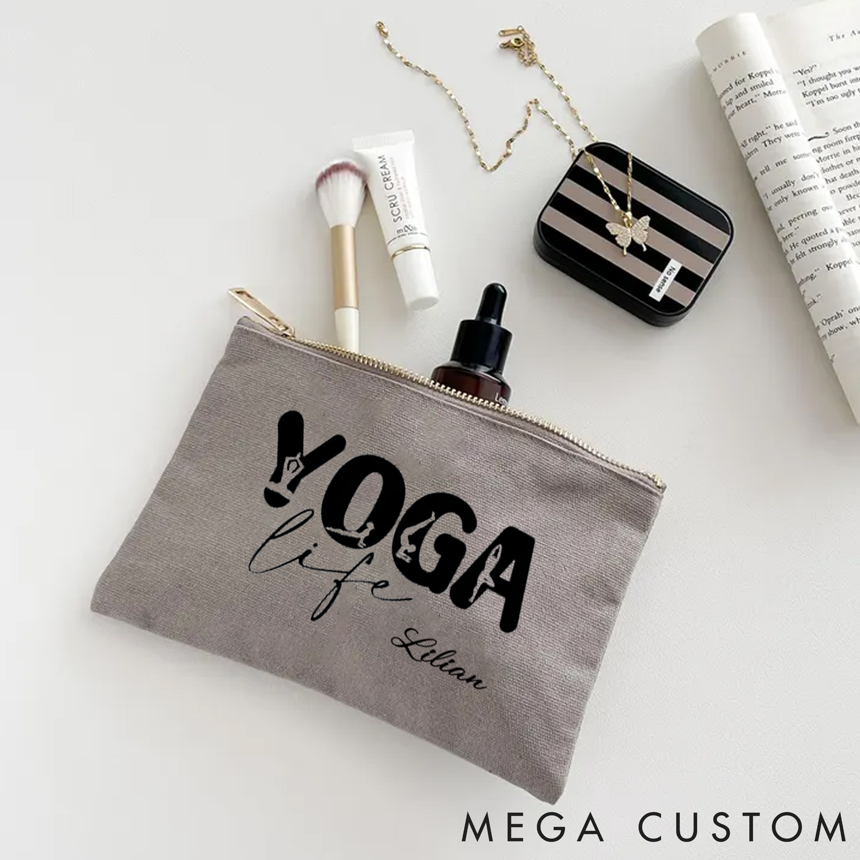 Personalized Yoga Life Makeup Bag with Minimalist Design Custom Name Yoga Makeup Bag Gift Idea for Yoga Lover