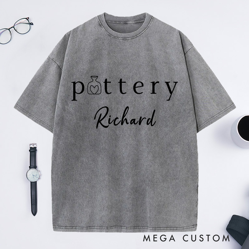 Personalized Cute Pottery Lover Washed T-Shirts for Ceramics Artist Gift for Her Birthday Gift for Crafting Tee Gift for Teacher Cute Pottery Shirt Heart and Vase