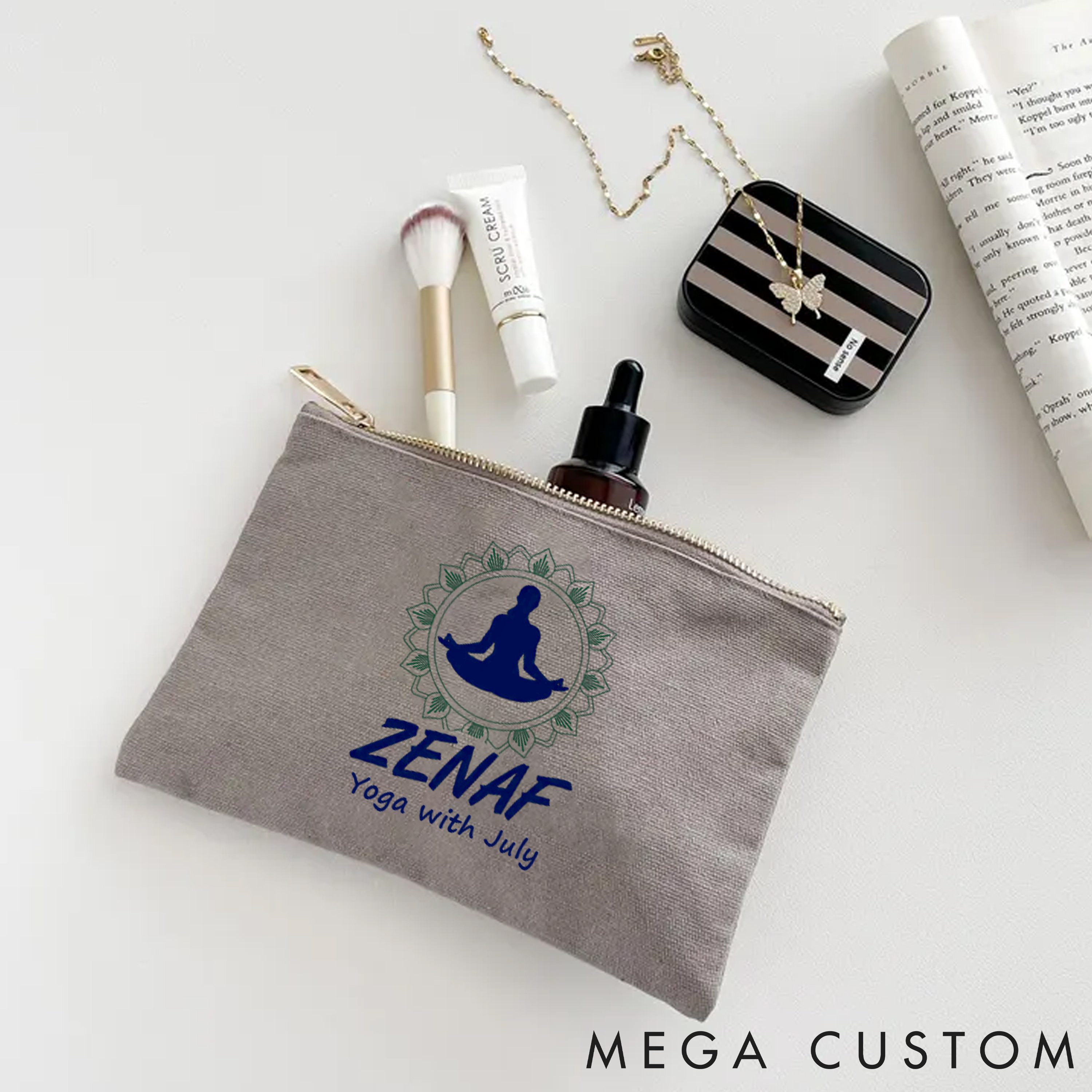 Personalized Makeup Bag with ZENAF Yoga and Elegant Lotus Design Custom Name Yoga Makeup Bag Gift Idea for Yoga Lover