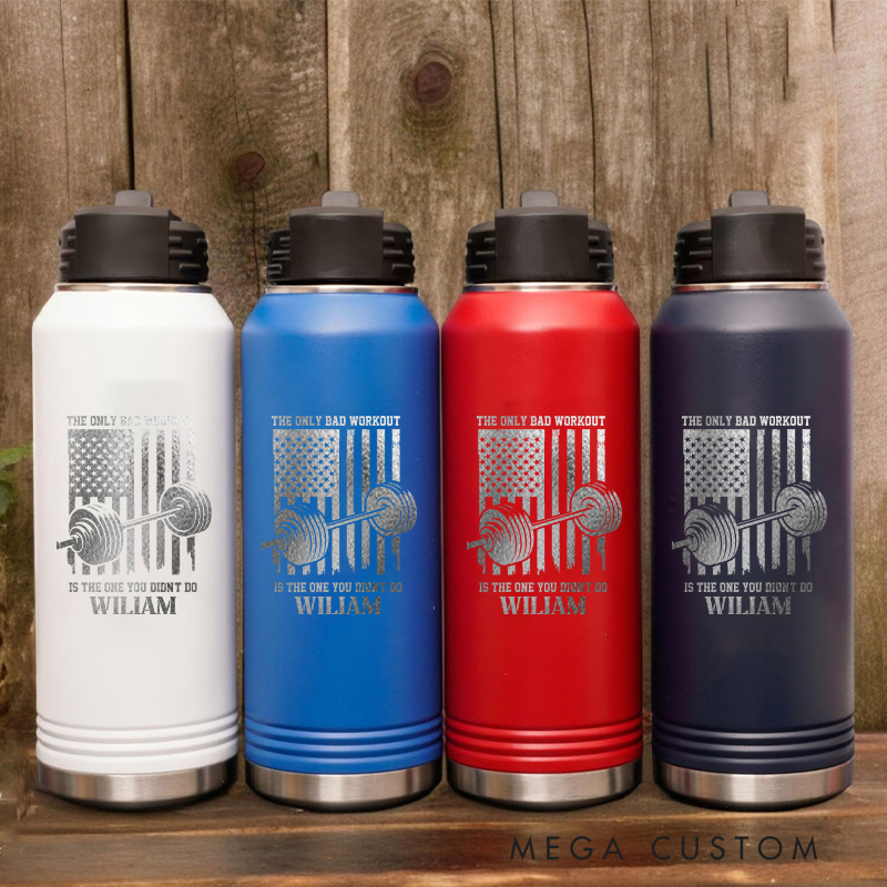 Personalized Gym Water Bottles with Patriotic American Flag and Barbell Print for Fitness Enthusiasts Bodybuilders and Gym Lovers