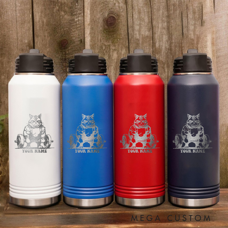 Personalized Gym Water Bottles with Playful Cat Lifting Barbell Print for Fitness Enthusiasts Bodybuilders and Gym Lovers